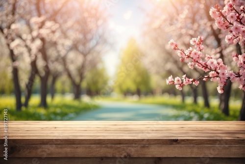 An empty wooden table for product display. blurred nature spring blooming trees background. ai generative