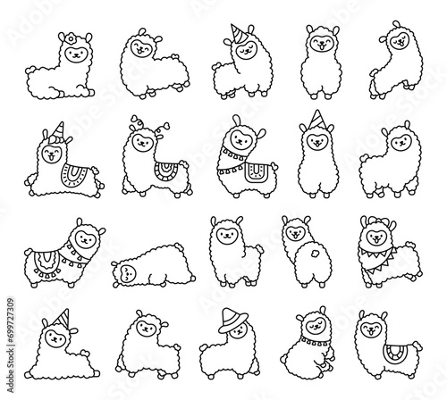 Cute kawaii little llama. Coloring Page. Cartoon funny alpaca, animals character. Hand drawn style. Vector drawing. Collection of design elements.