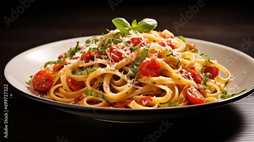Traditional Italian linguini pasta with tomatoes and basil 