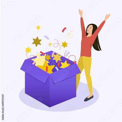 Happy girl opening a surprise gift box. Present unpacking. Flat vector illustration