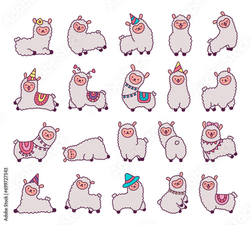 Cute kawaii little llama. Cartoon funny alpaca, animals character. Hand drawn style. Vector drawing. Collection of design elements.