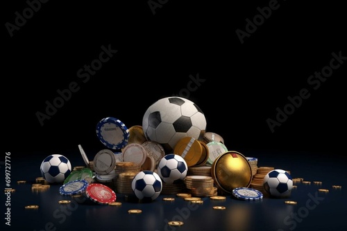 betting gambling chip soccer football basketball tennis balls banner 3d render 3d rendering illustration. Generative AI