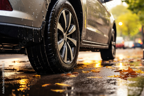 Autumn Spring travel. Concept of driving and driving safety. Close-up side view of car wheels with rainy tires on a wet road with day light © Valeriia