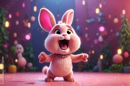 Cute screaming 3D Cartoon rabbit character pink background. ai generative photo