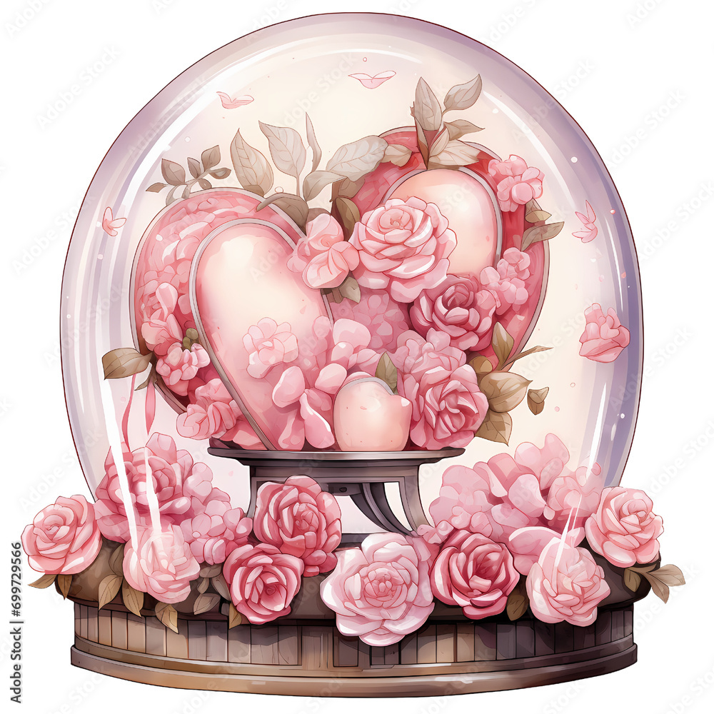 Rose snow globe, valentine snow globe, valentine day, watercolor illustration, pink paster