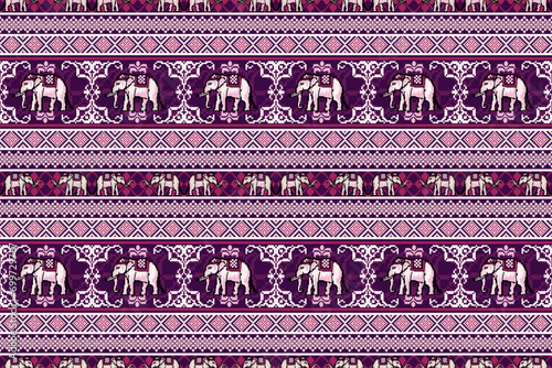 Thai Traditional Elephant Seamless Pattern in Pixel Art Style.  Vector design for fabric, tile, embroidery, wrapping, clothing, wallpaper, and background.
