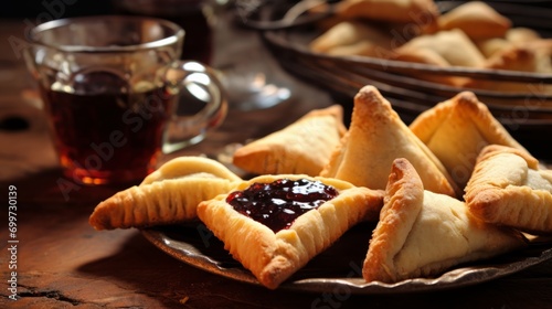 hamantaschen Jewish cookies and tea on the table