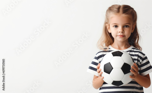 little girl holding football ball portrait on white background. ai generative