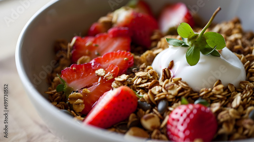 Fresh Strawberry Slices on Granola Breakfast Bowl - Generative AI