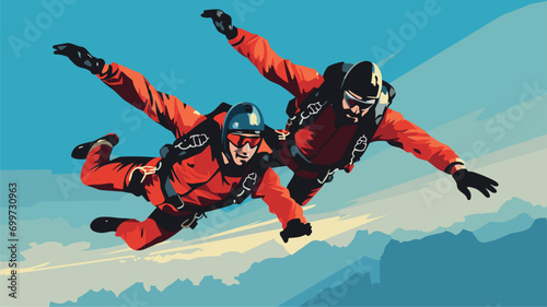 thrill of tandem skydiving in a vector scene featuring an experienced skydiving instructor and a tandem student in freefall. 