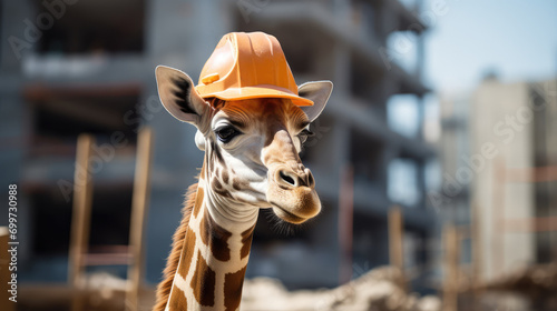 Giraffe builder in a construction helmet outdoors © dwoow