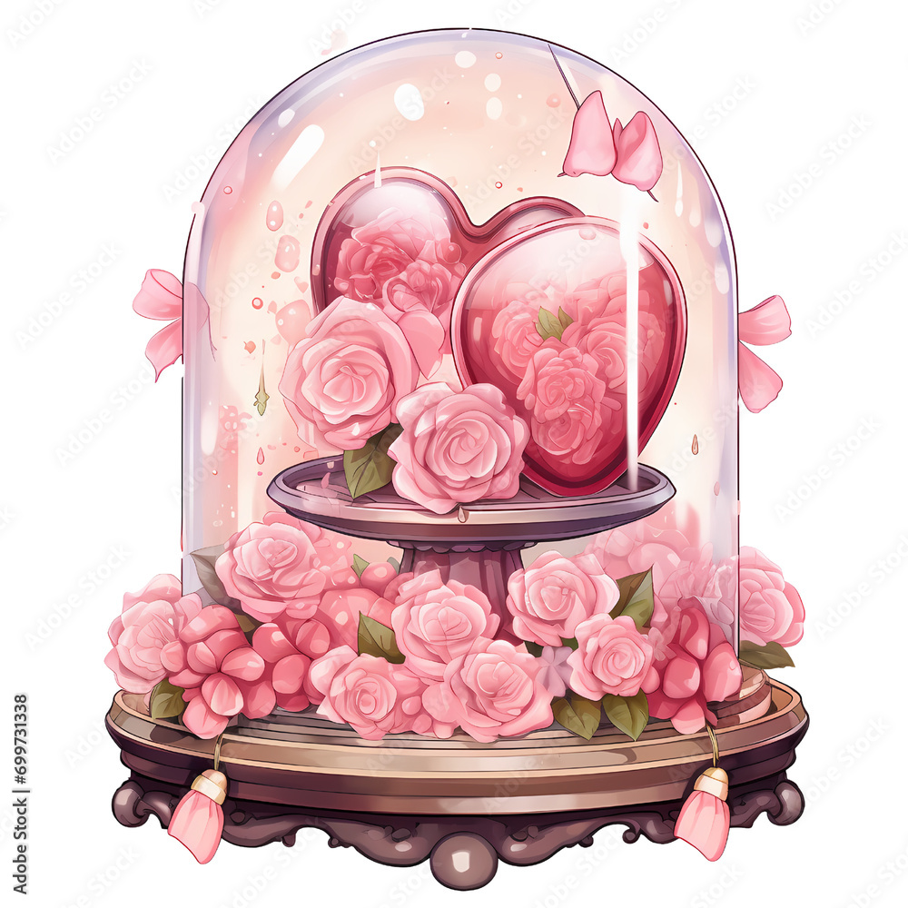Rose snow globe, valentine snow globe, valentine day, watercolor illustration, pink paster