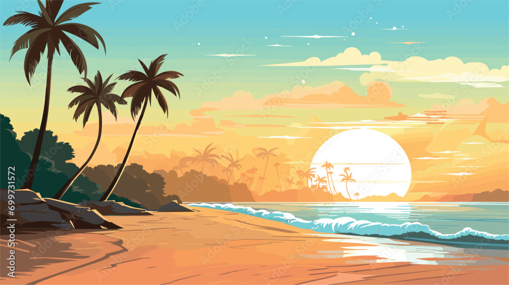 sun's warm embrace on a serene beach in a vector scene featuring a sunlit shore.