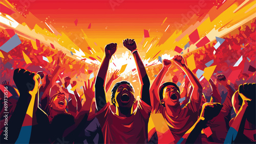 crowd fans in a vector scene featuring supporters cheering, waving flags photo