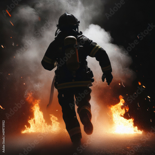 Photo of close up Fireman running towards a fire black background. ai generative