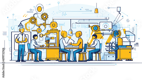 role of men as vector, illustration, simple, minimalistic, supervisors,ai vs humen robots carry out intricate tasks under human guidance. human-machine partnership photo