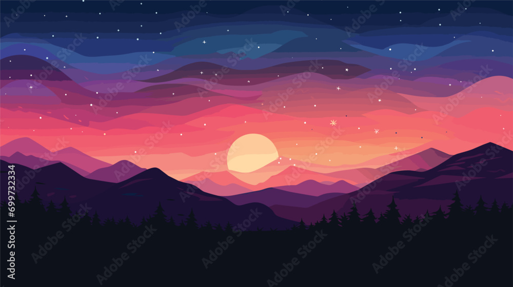 twilight sky in a vector scene featuring the sun's departure and the emergence of stars. sky during the transition from day to night