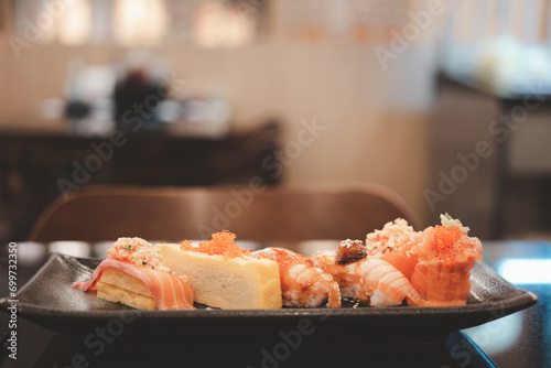 Close up of sashimi sushi set served on tray