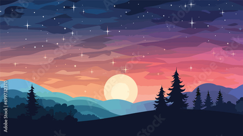 twilight sky in a vector scene featuring the sun's departure and the emergence of stars. the sky during the transition from day to night