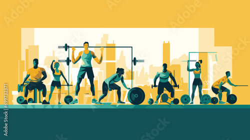 gym environment in a vector scene featuring women working out together, encouraging each other during weightlifting, or participating in group fitness classes. 