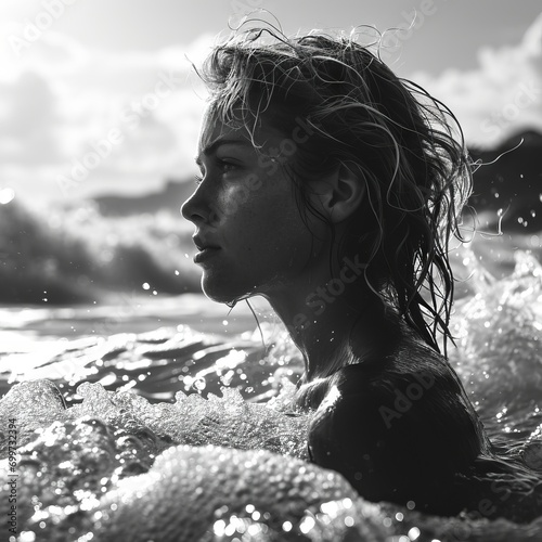 Black and white shot of a woman in the sea  face among the foam of the waves  emphasis on the texture of the water and emotional expression
