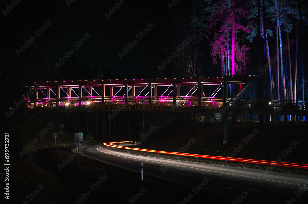 Colorful footbridge leading over a highway at night time. Light trails from car lighting up the road.