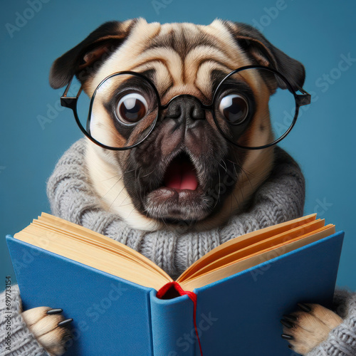 Surprised haski dog in glasses holding opened book on blue background. ai generative