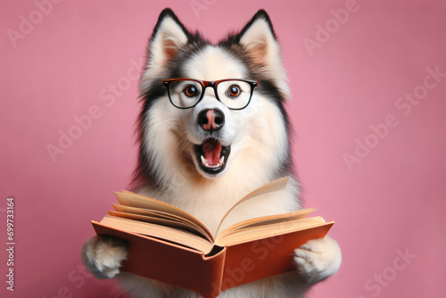 Surprised haski dog in glasses holding opened book on pink background. ai generative