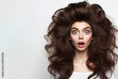 Surprised Woman With Big Hair On white Background. Dramatic Hairstyle, Surprised Expression. ai generative