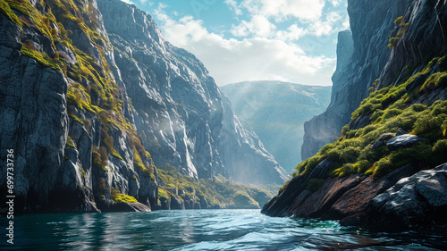 A panoramic scene of a majestic fjord with steep cliffs and deep blue waters,
