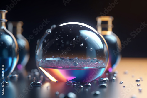 3d illustration of magic potion in a glass flask with water.