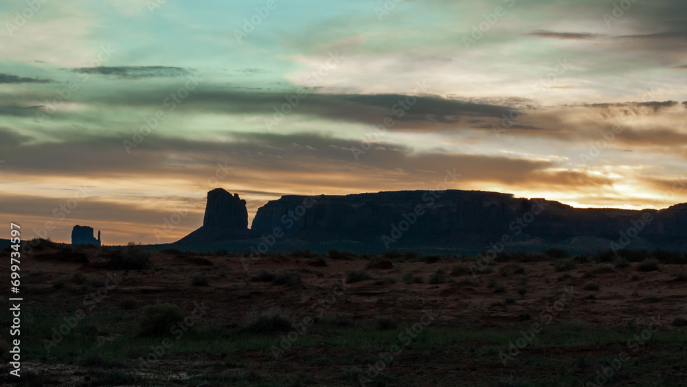 Red sunset against the backdrop of red sandstone rocks, Monument Valley, Arizona