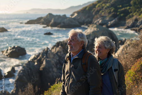 Active Senior Couple Enjoying Scenic Pacific Coast Hike - Embracing Nature and Retirement with Joy and Wonder