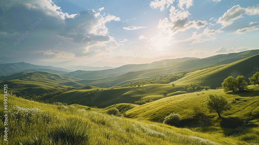 Obraz premium A sprawling landscape of rolling green hills under a bright sunny sky,