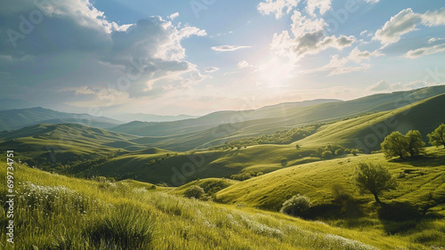 A sprawling landscape of rolling green hills under a bright sunny sky, © Malaika