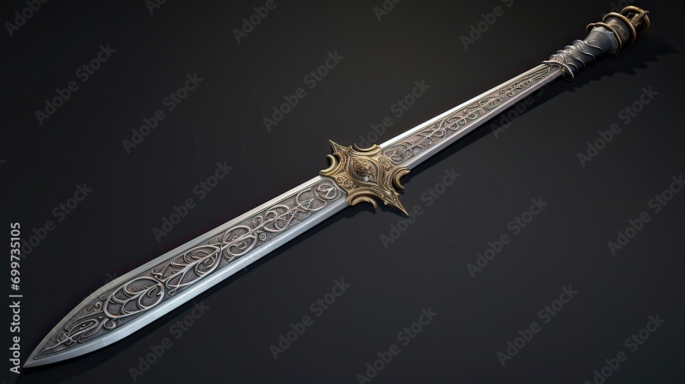 An enchanting ornate fantasy sword featuring intricate patterns inspired by realms of fantasy. Elaborate craftsmanship, decorative detailing, mythical design, collector's treasure. Generated by AI. An enchanting ornate fantasy sword featuring intricate patterns inspired by realms of fantasy. Elaborate craftsmanship, decorative detailing, mythical design, collector's treasure. Generated by AI.