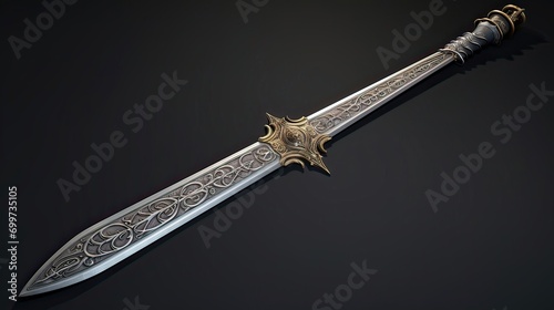 An enchanting ornate fantasy sword featuring intricate patterns inspired by realms of fantasy. Elaborate craftsmanship, decorative detailing, mythical design, collector's treasure. Generated by AI.