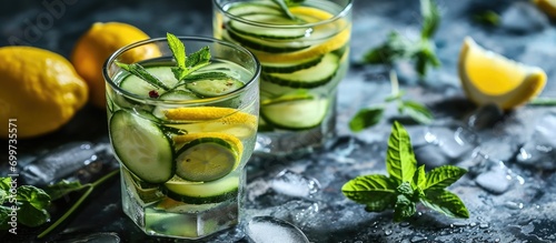 Cucumber and lemon infused water for healthy diet and fat burning. With text space. photo