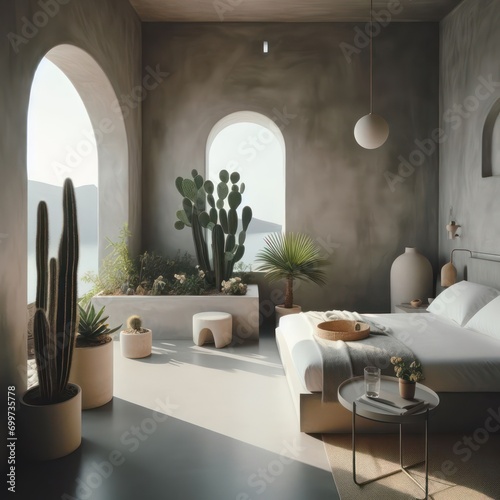 Minimalist  bedroom of Santorini style house with cactus garden outside  aesthetic  concrete  tadelakt  white  warm  Bali