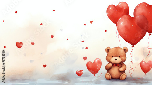 Watercolor illustraition of charming teddy bear with red bow tie holding red heart-shaped balloons, festive background on warm tones. Valentine\'s Day Decorations or Children\'s Party Invitation