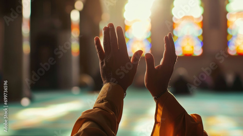 Muslim holiday Ramadan the hands of a believer reach out to Allah, prayer Ramadan Kareem greeting. © Alina Zavhorodnii