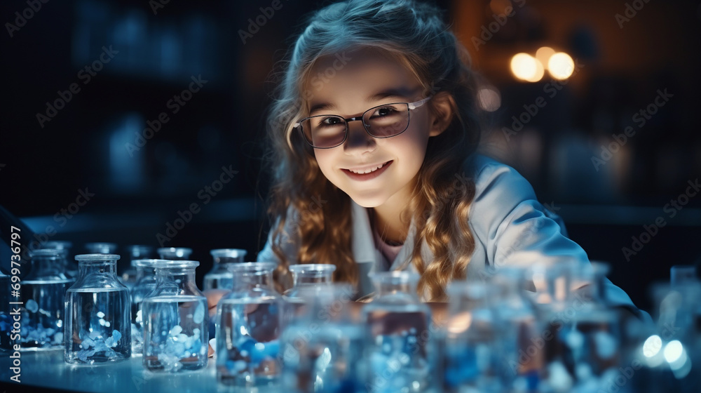 A little girl with glasses in a laboratory with test tubes A little girl with glasses in a laboratory with test tubes