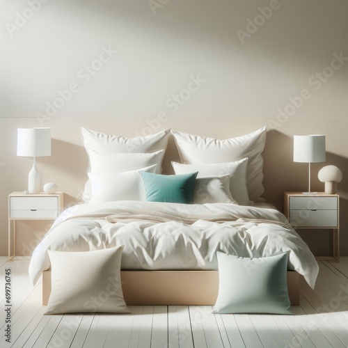  minimalistic bedroom with four white pillows, and a night stand