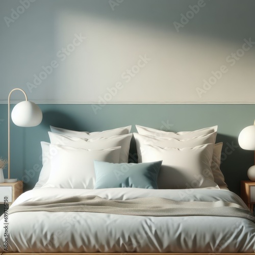  minimalistic bedroom with four white pillows, and a night stand