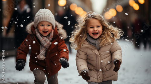 Children play outside in winter