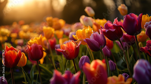 Colorful tulips in the field at sunset, in the style of dark yellow, deep orange and purple, teal and pink #699737374