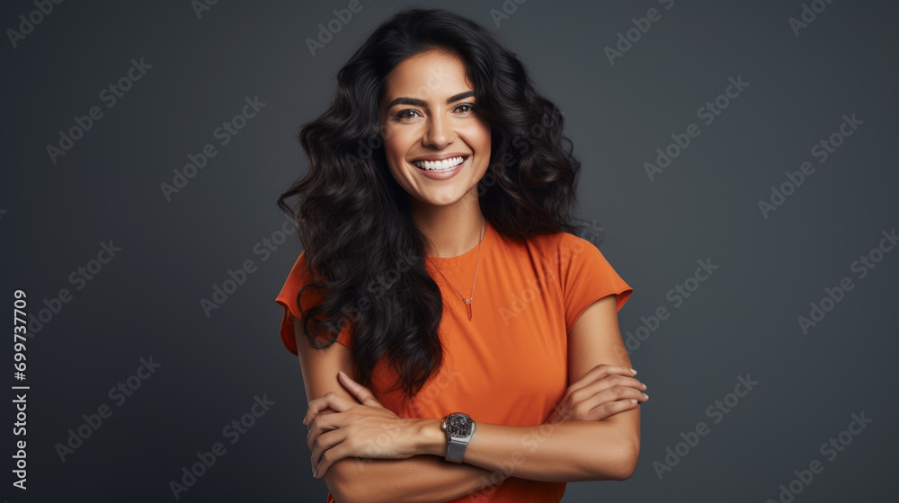 Confident woman with curly hair, smiling at the camera, wearing a bright orange shirt, with her arms crossed. Confident woman with curly hair, smiling at the camera, wearing a bright orange shirt, with her arms crossed.
