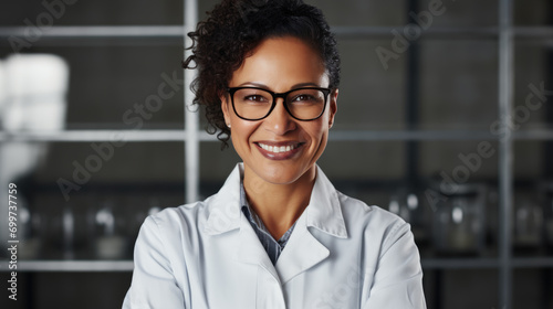 Portrait of a woman smiling in a medical lab coat, representing a healthcare professional