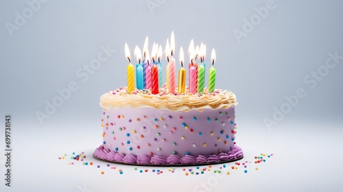 A festive and vibrant birthday cake adorned with colorful candles, artistically presented on a pure white background, expressing joy, celebration, happiness, and joyful moments. Generated by AI.