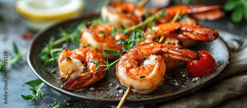 Tasty grilled shrimp on skewers, on a plate.